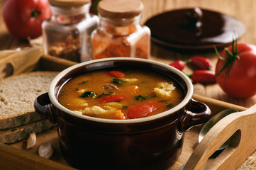 Hungarian soup goulash (bograch) with dumplings.