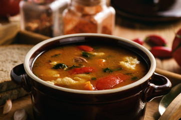 Hungarian soup goulash (bograch) with dumplings.