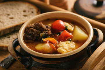 Hungarian soup goulash (bograch) with dumplings.