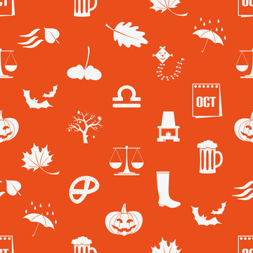 october month theme set of icons orange seamless pattern eps10