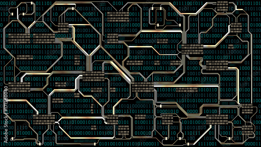 Poster abstract futuristic electronic circuit board with binary code, computer digital technology backgroun