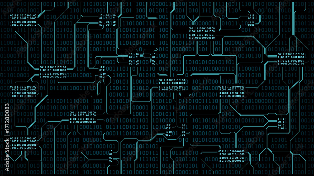 Poster abstract futuristic electronic circuit board with binary code, computer digital technology backgroun