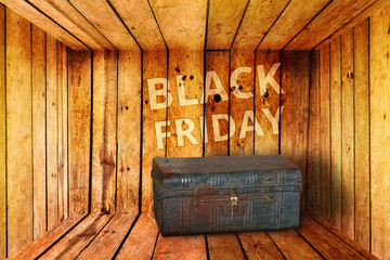 old iron treasure box and black friday words background in wooden room, treasure trove for you concept