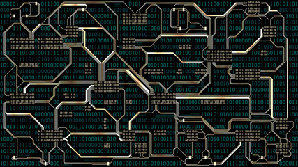 Abstract futuristic electronic circuit board with binary code, computer digital technology background, well organized layers