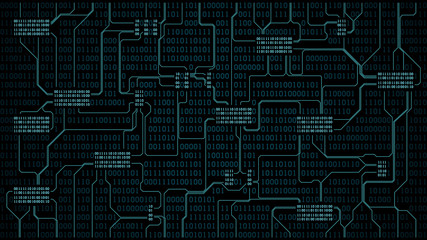 Abstract futuristic electronic circuit board with binary code, computer digital technology background, well organized layers