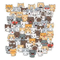 Ilustration with cats and dogs for design of posters, prints, invitations, greetings, childbook, flyers and antistress pictures for coloring.