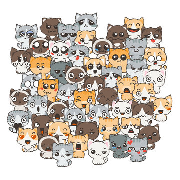 Ilustration with cats and dogs for design of posters, prints, invitations, greetings, childbook, flyers and antistress pictures for coloring.