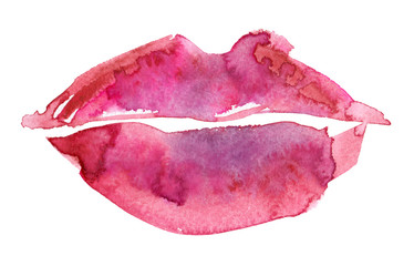 Fototapeta premium Abstract big pink woman lips painted in watercolor on clean white background