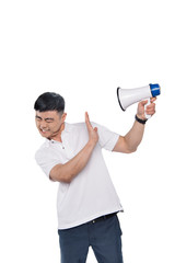 Fototapeta premium asian man with bullhorn in hand