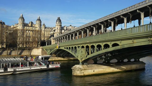 sunny day paris city traffic old seine river bridge panorama 4k france
