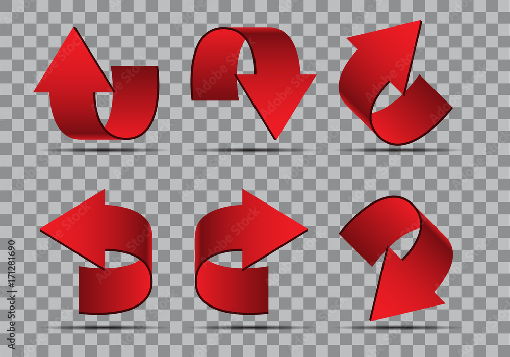 Aufkleber red arrow curve direction 3d set on gray checkered background design sign symbol vector illustration