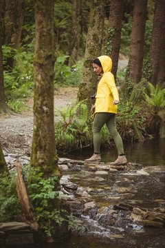 Side view of woman crossing stream at forest