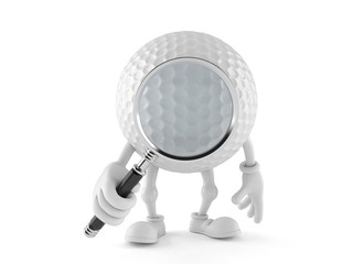Golf ball character looking through magnifying glass