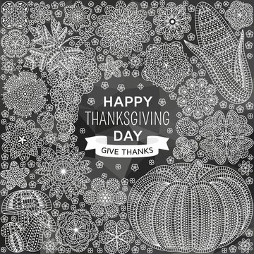 Happy Thanksgiving background with creative vegetables and flowers. Vector illustration