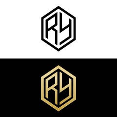 initial letters logo ry black and gold monogram hexagon shape vector - obrazy, fototapety, plakaty