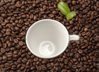 Coffee beans allover white cup of coffee beans