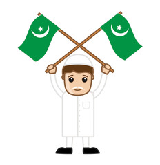 Pakistan Freedom Fighter Character Holding Pakistan Flags