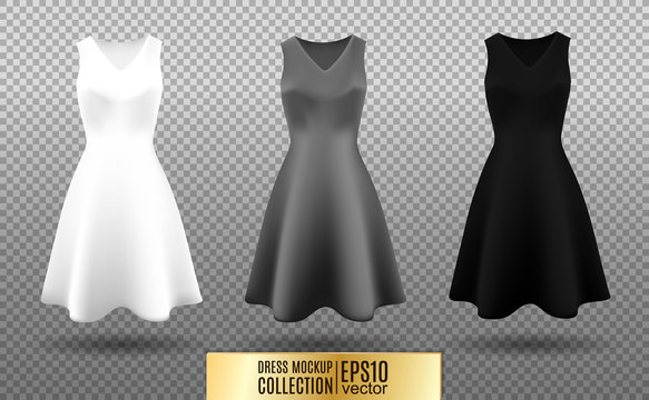 Women's dress mockup collection. Dress with long pleated skirt. Realistic vector illustration. Fully editable handmade mesh. Festive dress without sleeves. White, gray and black variation