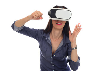 Beautiful Woman wearing VR Virtual Reality Headset with Interface. selective focus