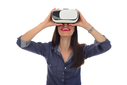 Beautiful Woman wearing VR Virtual Reality Headset with Interface. selective focus