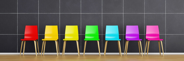 Row of colourful chairs 3d rendering