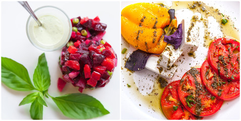 Salad with cheese and fresh vegetables isolated on white background. Greek salad.