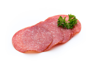 Salami slices isolated on white background.