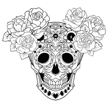 recommend clip art: Sugar skull with decorative pattern and a wreath of red roses. Stock line vector illustration.  Outline hand drawing coloring page for adult coloring book.