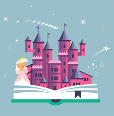 Imagination concept with opened book pink castle. Fairy, magical adventure boo