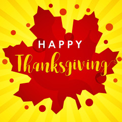 Happy Thanksgiving red maple leaf banner. Watercolor design style maple leaves on yellow stripes and text Happy Thanksgiving vector card template