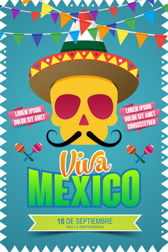 Viva Mexico, traditional mexican holiday, Happy Independence day illustration with skull, hat and maracas. vector illustration