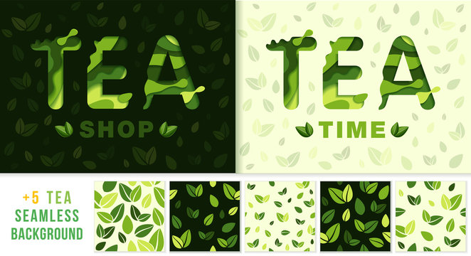 Fototapeta Tea design template and +5 seamless tea background. Vector