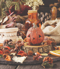 decorative pumpkin for Halloween with dried flowers