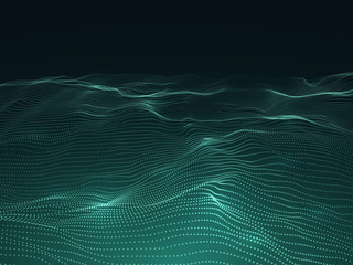 Digital background with wavy surface. 3d futuristic landscape with particles. Sound waves data vector concept