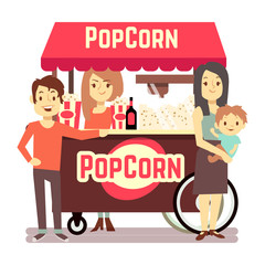 Obraz na płótnie Canvas Family buys popcorn from a cute girl seller