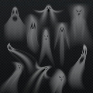 Spooky transparent halloween ghost isolated vector set