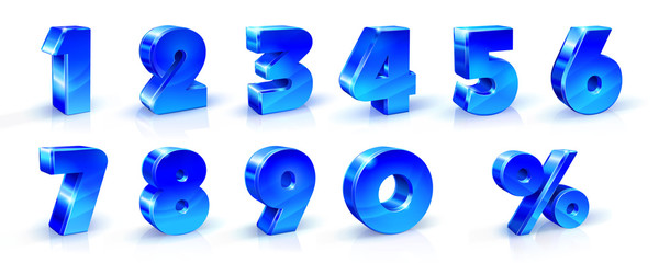 Set of blue numbers 1, 2, 3, 4, 5, 6, 7, 8, 9, 0 and percent sign. 3d illustration. Suitable for use on advertising banners, posters flyers promotional items Seasonal discounts Black Friday the