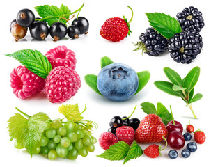 Set fresh berries healthy food fruit with green leaf, isolated