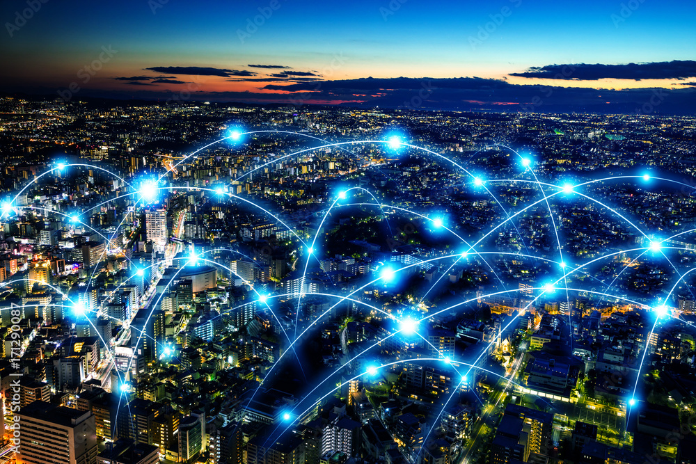Aufkleber smart city and telecommunication network concept. abstract mixed media.