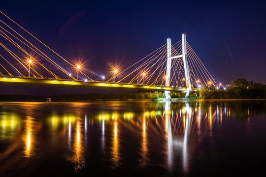 Siekierkowski bridge at night in Warsaw, Poland