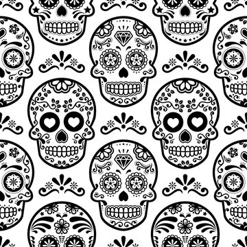 Mexican sugar skull vector seamless pattern, Halloween candy skulls background, Day of the Dead celebration, Calavera design 