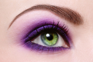 Obraz premium Macro shot of green woman's eye with violet eyeshadow, selective focus
