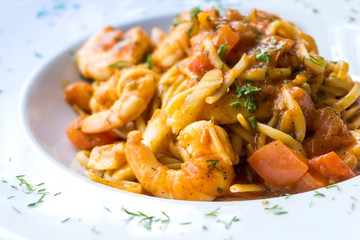 Pasta with Shrimp Dinner Dish on a the table