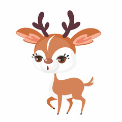 The image of cute little deer in cartoon style. Vector children’s illustration.