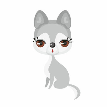 The image of cute little wolf in cartoon style. Vector children’s illustration.