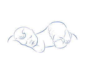 Lovely Newborn Sleeping Vector. Cute Little Sleeping Child. Contour Sketch, Hand Drawn. Cute Baby. Small Heart.