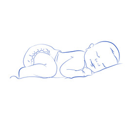 Lovely Newborn Sleeping Vector. Cute Little Sleeping Child. Contour Sketch, Hand Drawn. Cute Baby.
