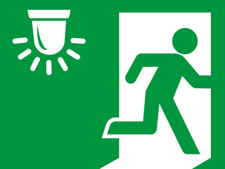 Signal&eacute;tique sortie de secours pour alarme en flash lumineux clignotant adapt&eacute; aux handicap&eacute;s sourds ou malentendants&nbsp;: une personne court vers l&rsquo;issue de secours.