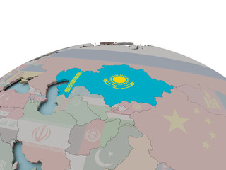 Political map of Kazakhstan on globe with flag