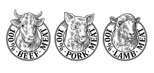 Cows, pig, sheep head. 100 percent beef pork lamb meat lettering